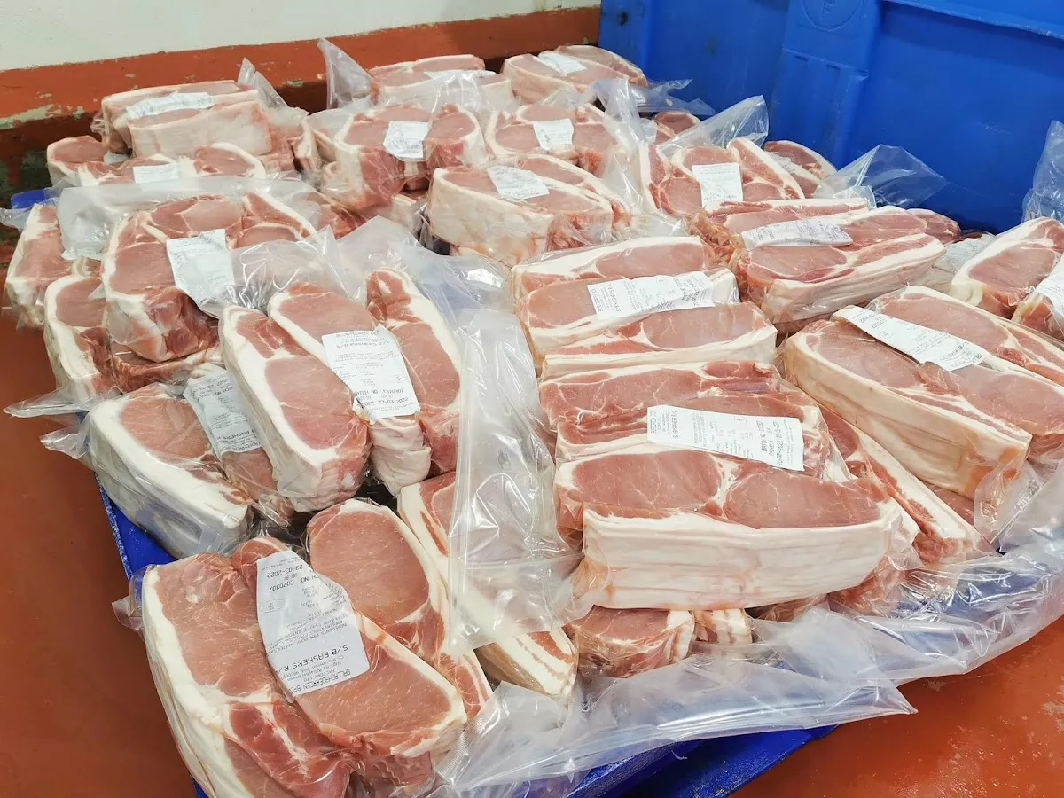 Pork and bacon cuts wrapped and labeled for wholesale